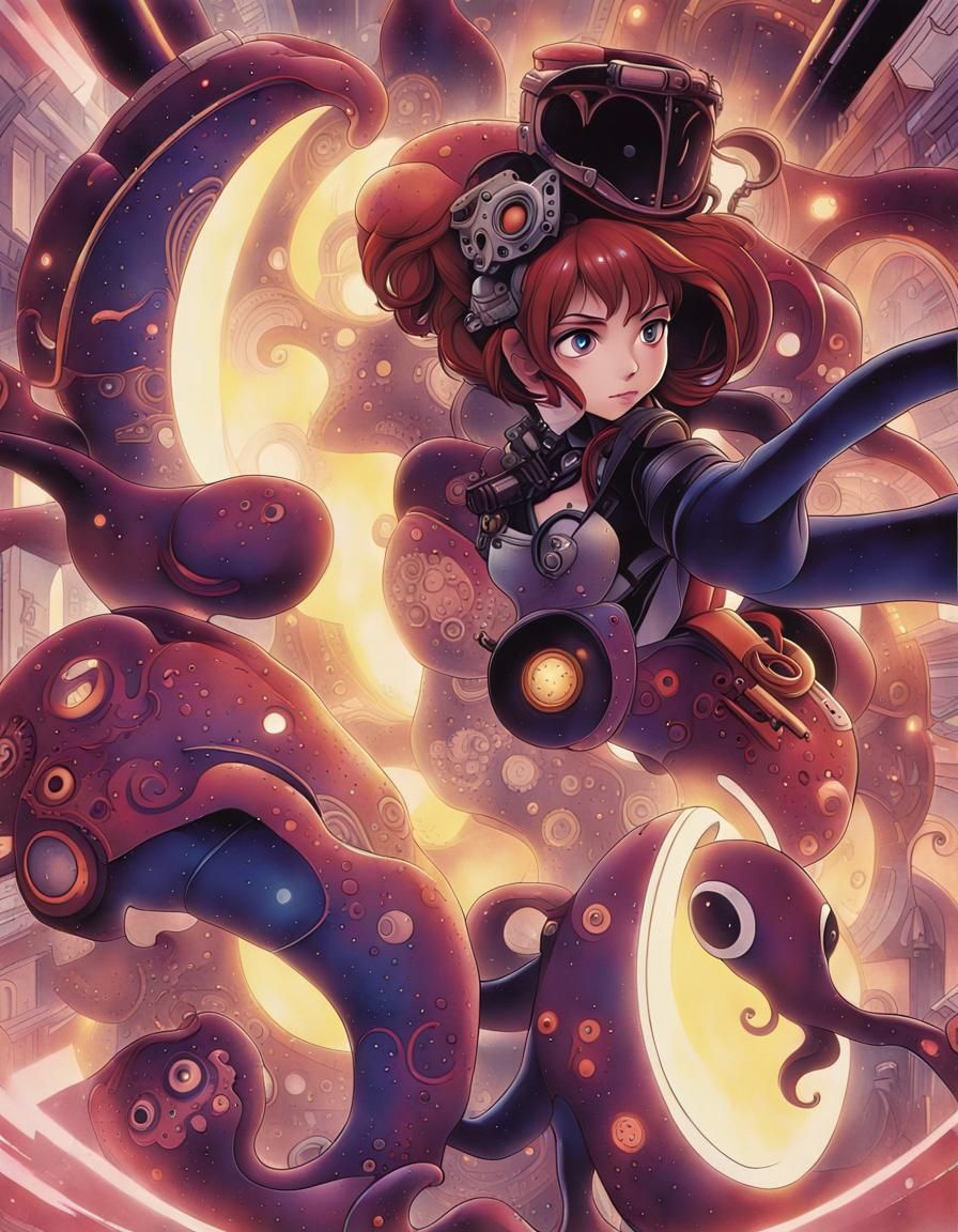Steampunk Woman and Octopus Anime Art
