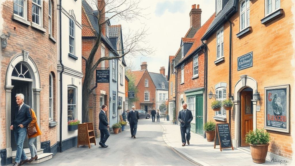 English Scene in Watercolor Style Charcoal Drawing