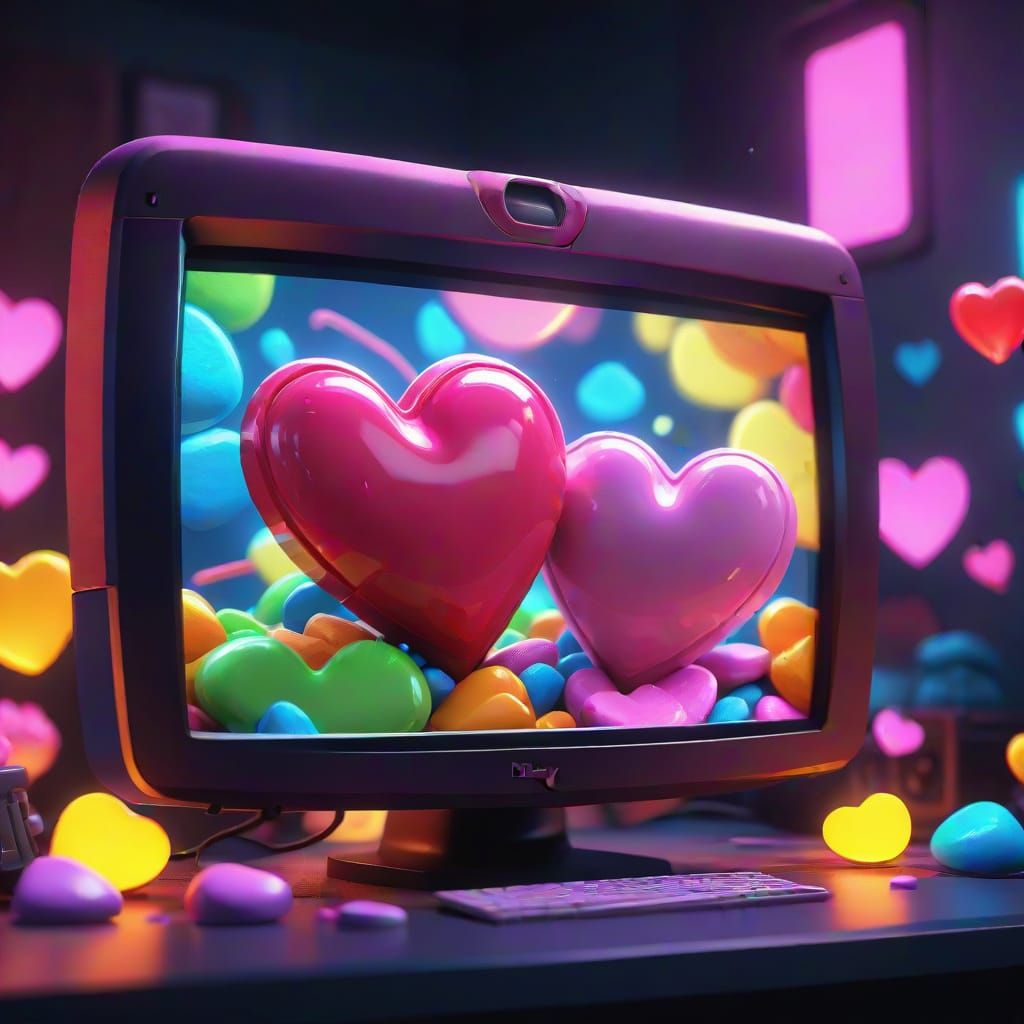 Loving Candy Hearts Gaze at Neon Lights in Vibrant Fantasy S...