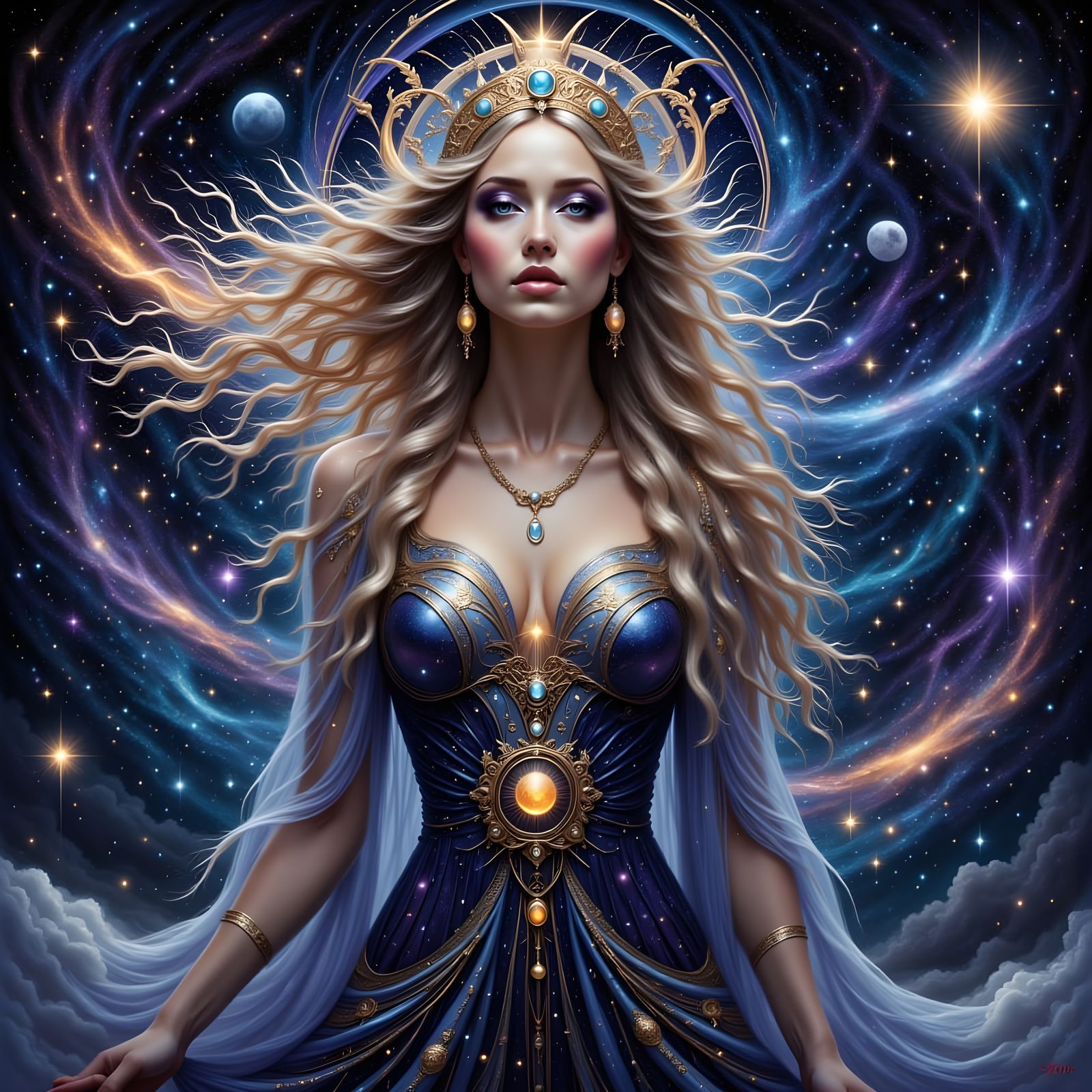 Celestial Goddess in Art Nouveau Cosmic Dreamscape