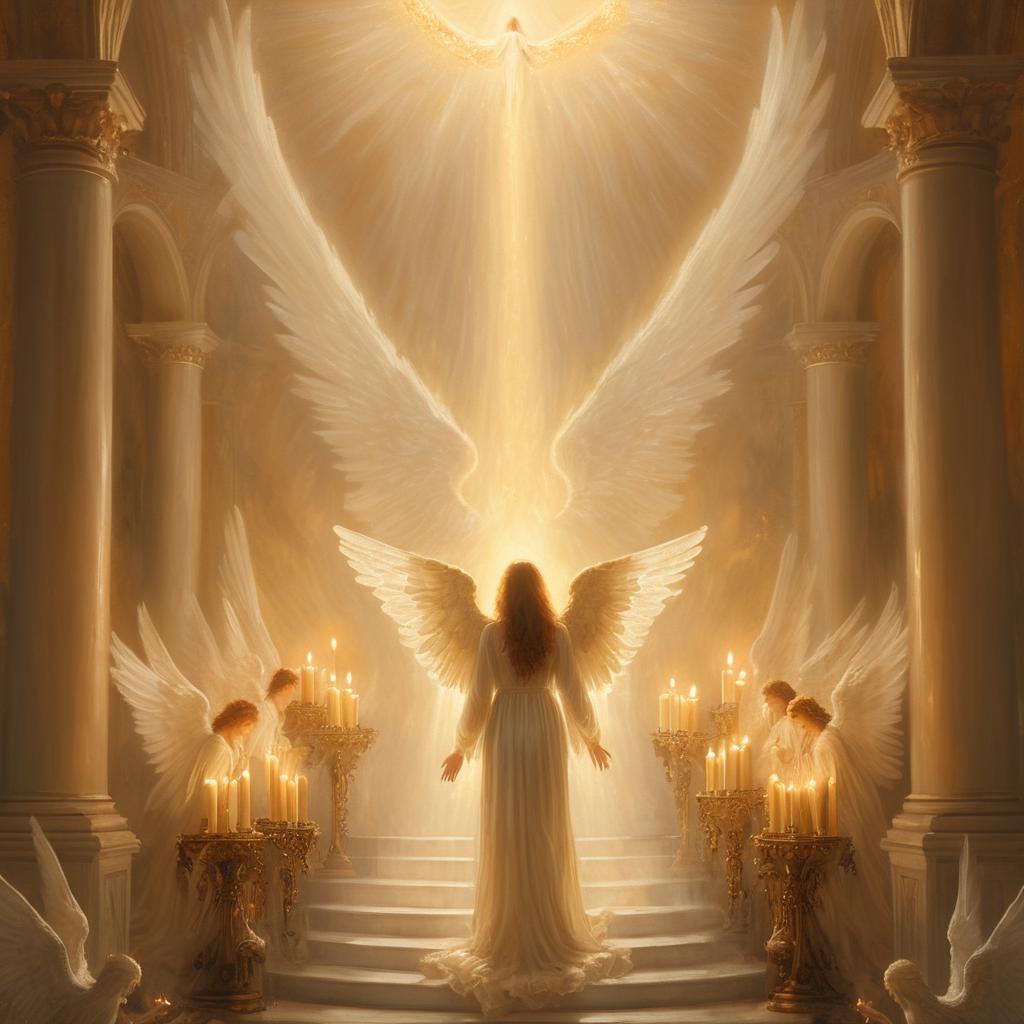 Mystical Figure Amidst Heavenly Angels in Ethereal Realism