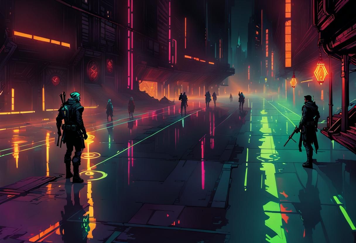 Neon-Lit Shadowrun Street in Comic Art Style