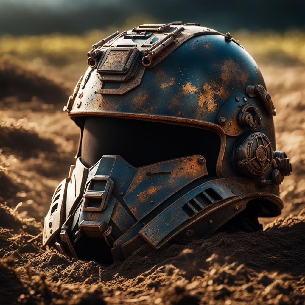 Battle-Worn Helmet in Grassy Battlefield