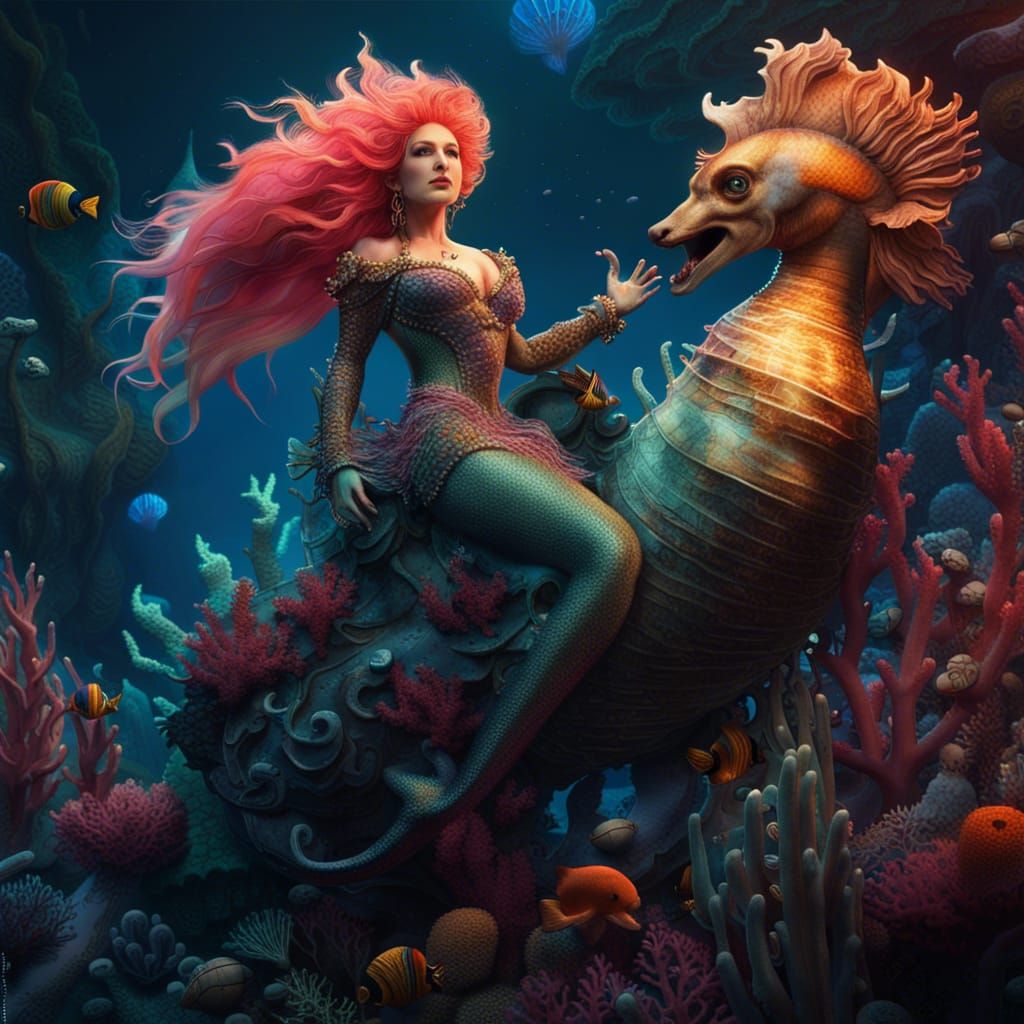 Fantasy Mermaid: Cyndi Lauper on a Seahorse