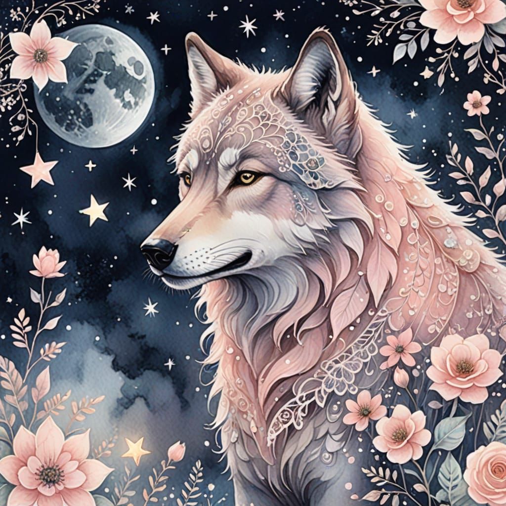 Whimsical Wolf Scribes under Starry Skies