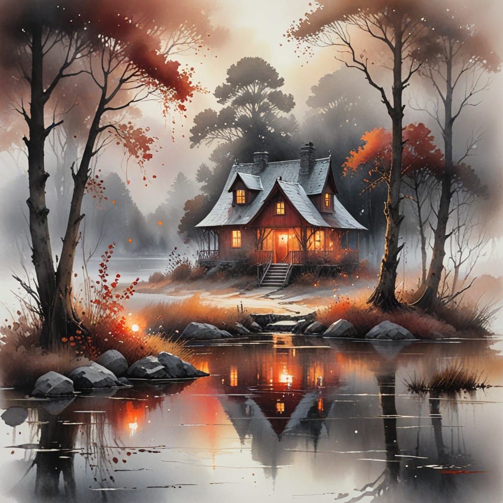 Watercolor Lakeside Cottage in Muted Reds and Oranges