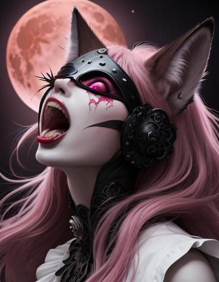Pink Fox-Girl in Agony Under Lunar Eclipse