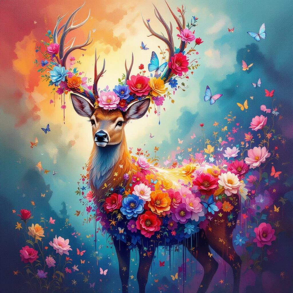 Surreal Deer Crowned With Blossoms in Oil Painting Style