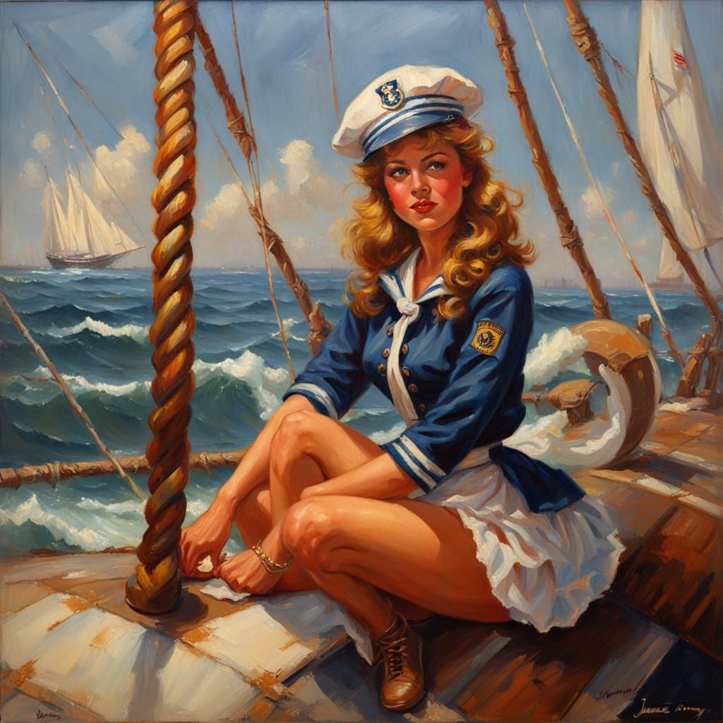 Classic Sailor Pin-Up Girl Oil Painting