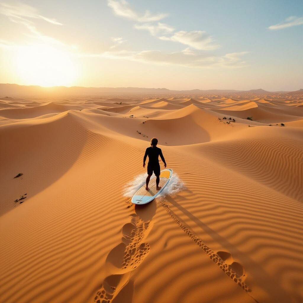 Surfer Rides Desert Sand Waves