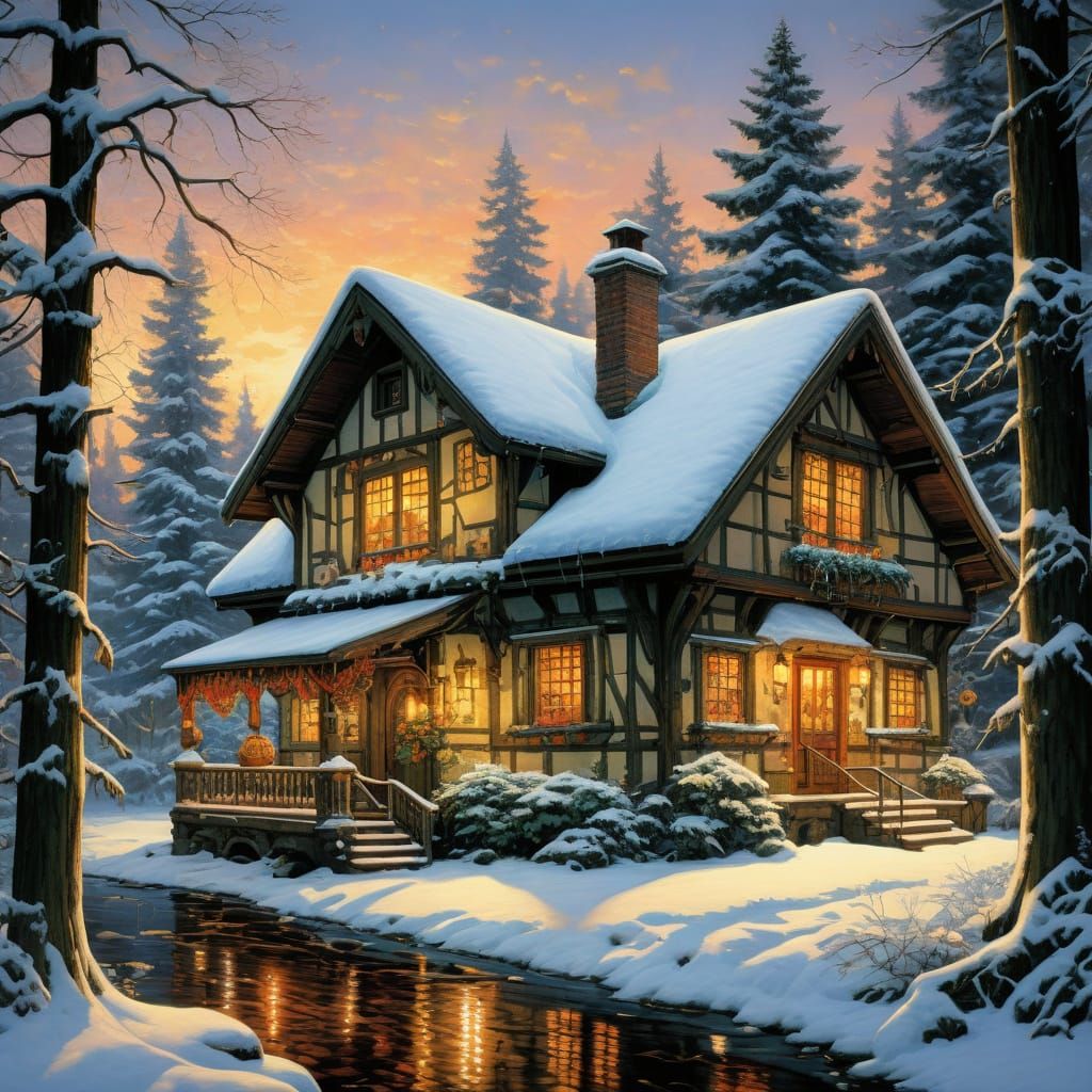 Cozy Cottage in Snowy Forest, Impressionistic Style