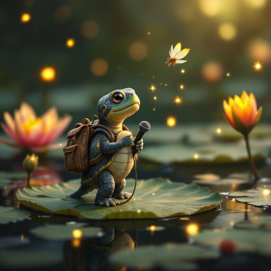 Turtle with Backpack and Mic in Audubon Style