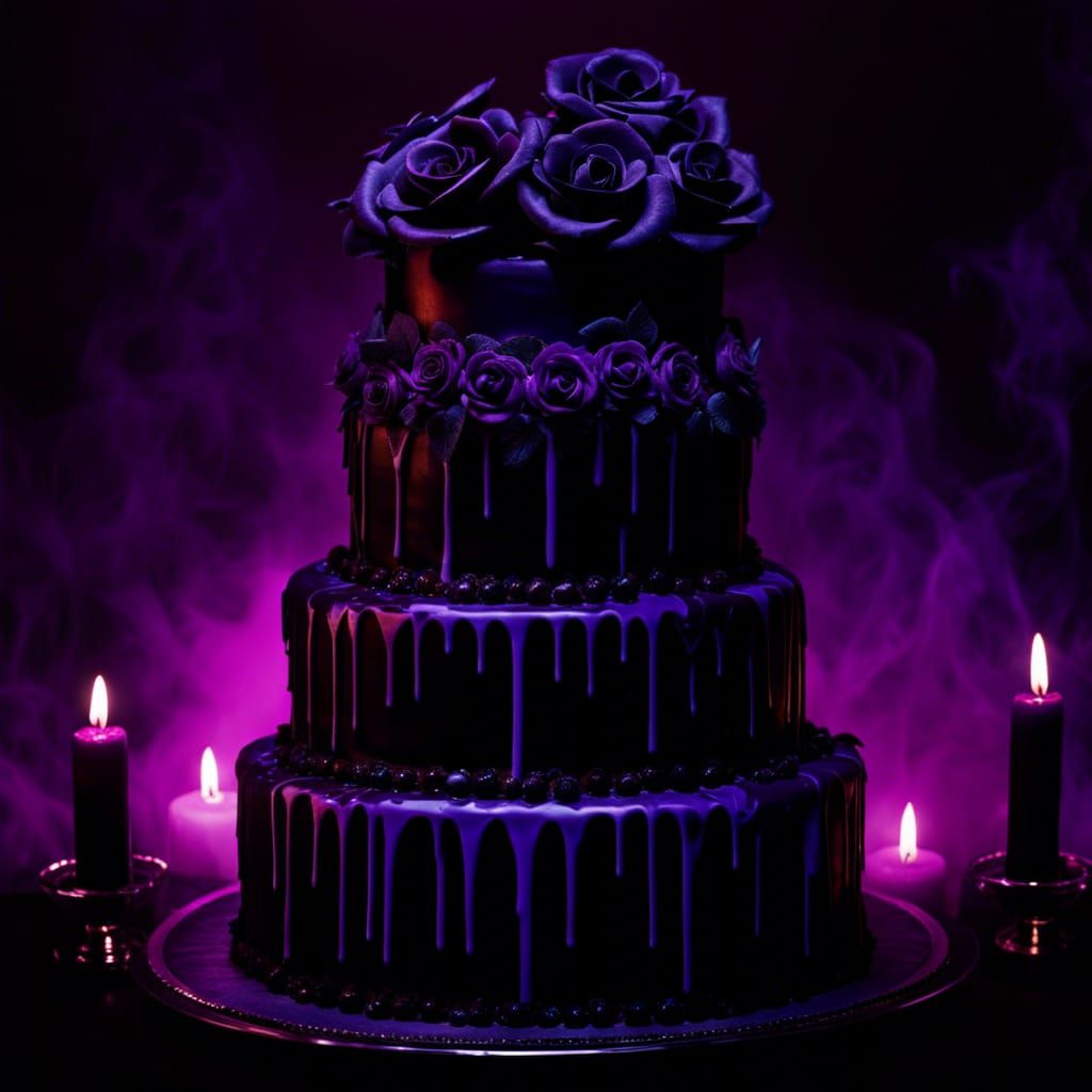 Gothic Black Cake with Roses and Purple Icing