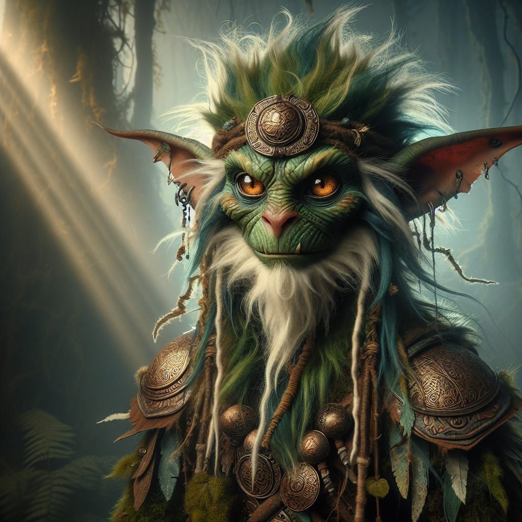 Ultra-realistic fantasy portrait of a tribal goblin warrior with moss-green skin and deep amber eyes.
