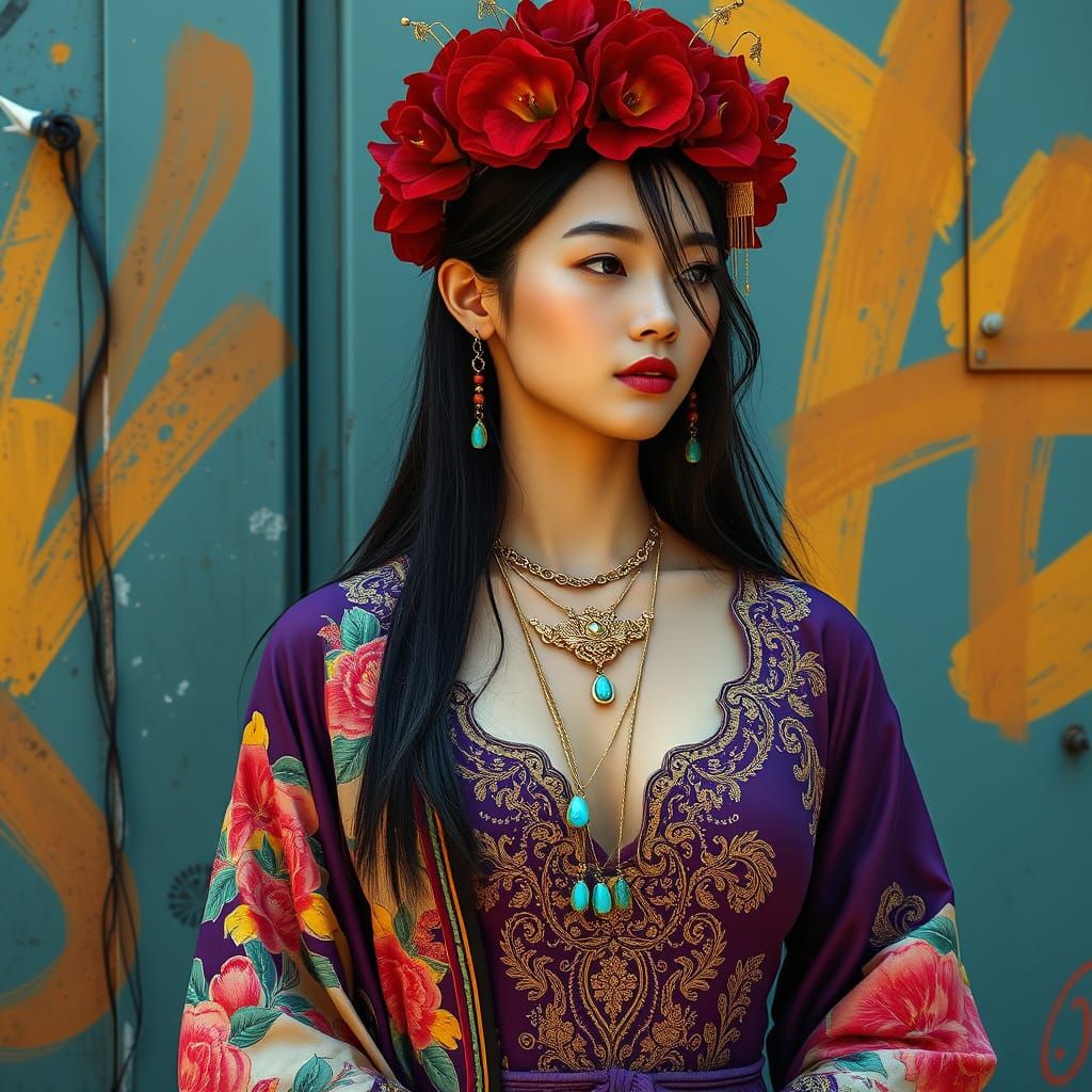 Korean Woman in Floral Robe with Gold Jewelry