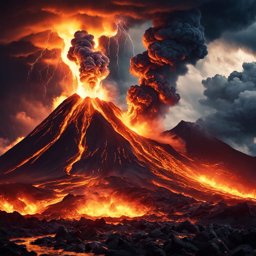 Volcano Eruption in Oil Painting Style