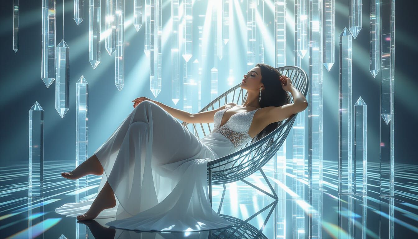 Naya Reclines Amidst Crystalline Panels in Cinematic Hyperre...