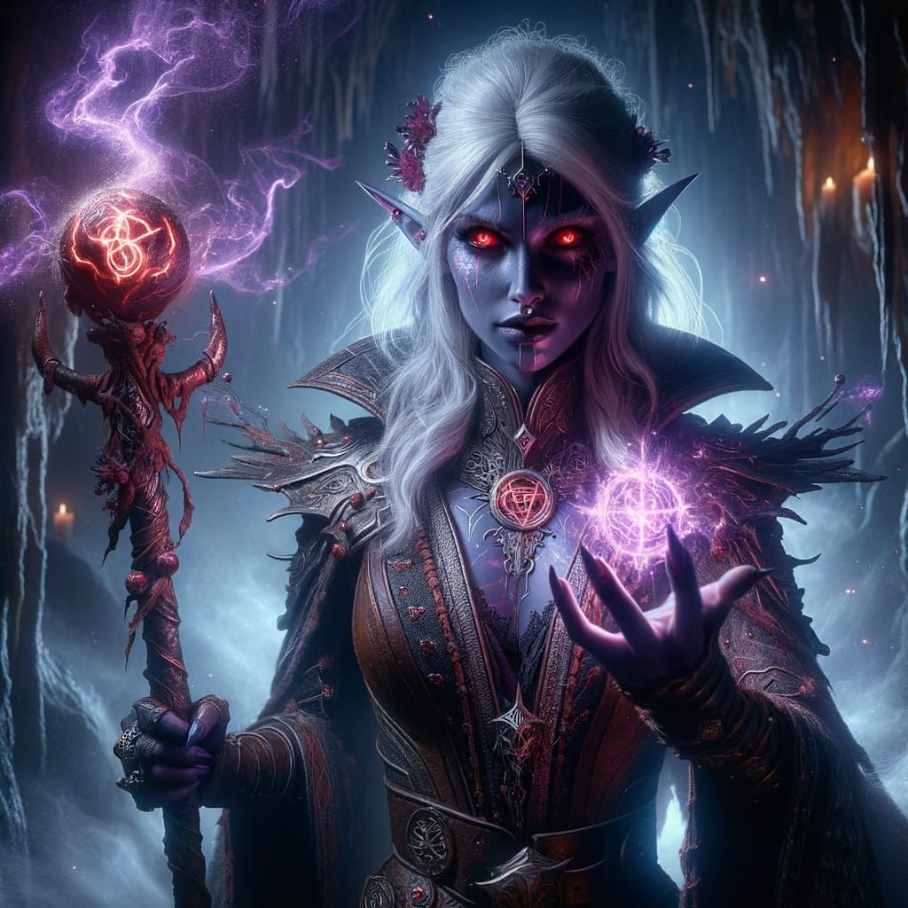 Ethereal Drow Warlock Unleashes Dark Magic in Ancient Cavern