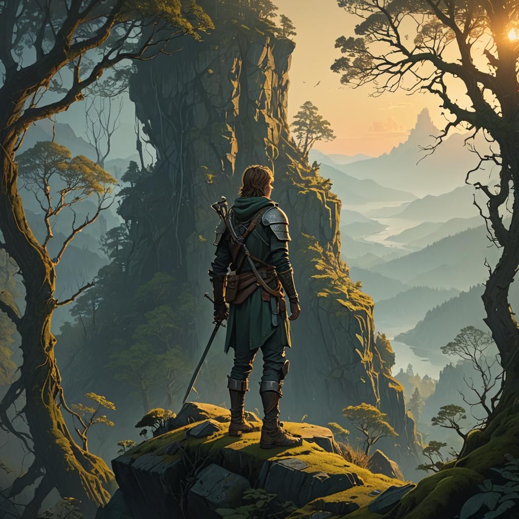 Mystical Forest Warrior on Cliff Edge