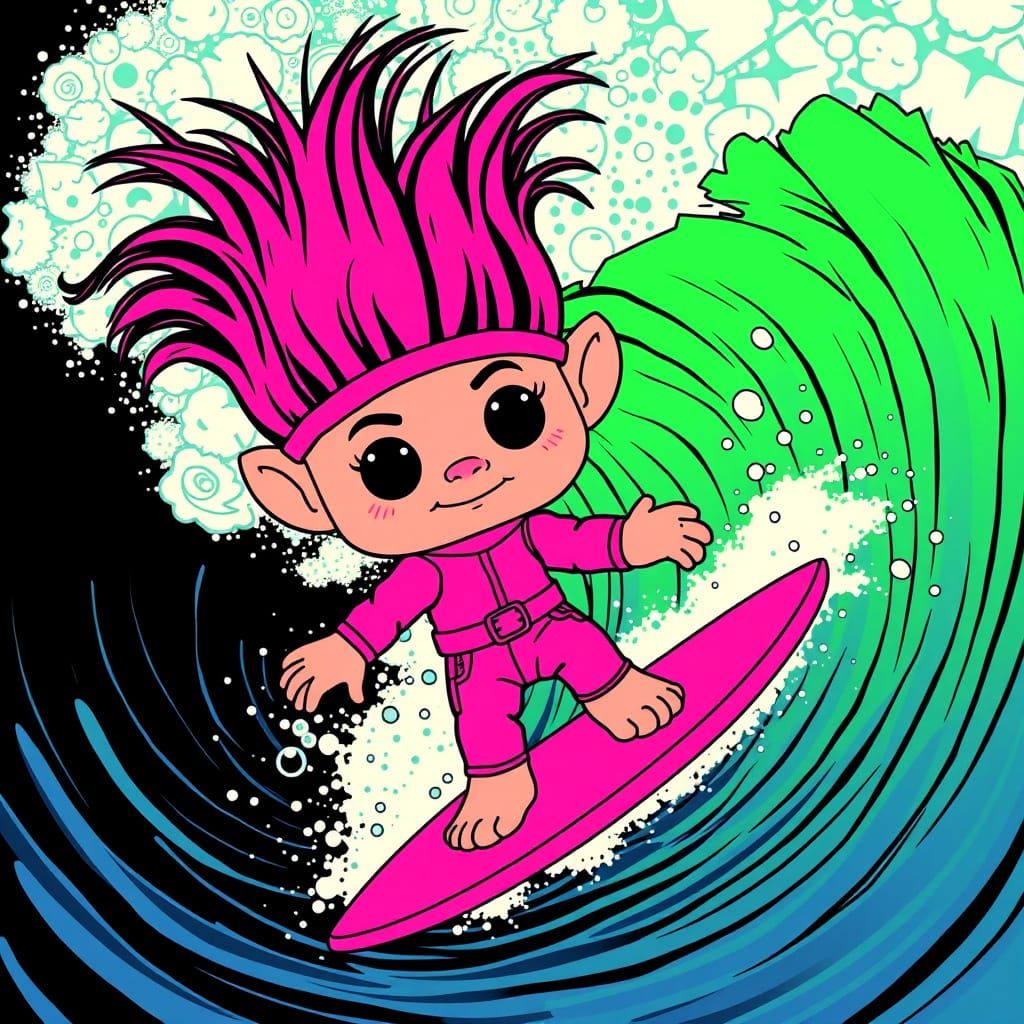 Surreal Troll Doll Surfing in Pop Art Style
