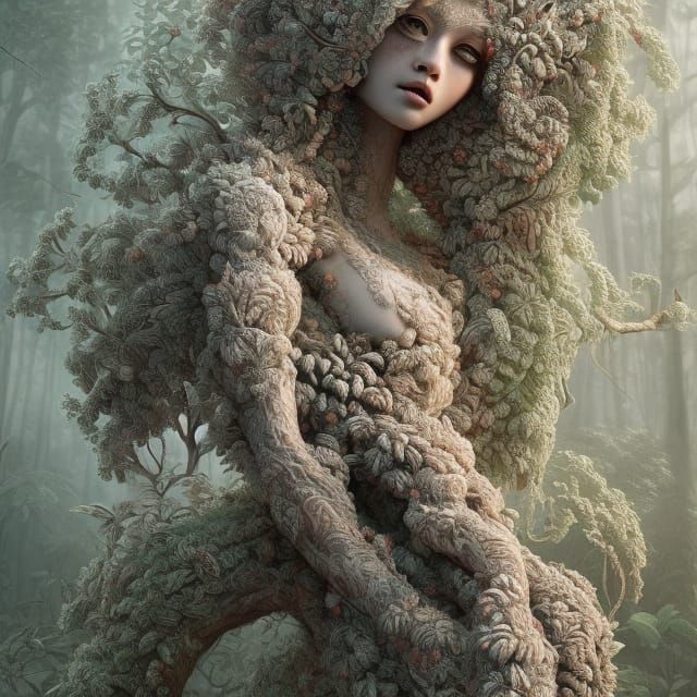 Super fluffy-looking light green moss-covered tree woman in the forest