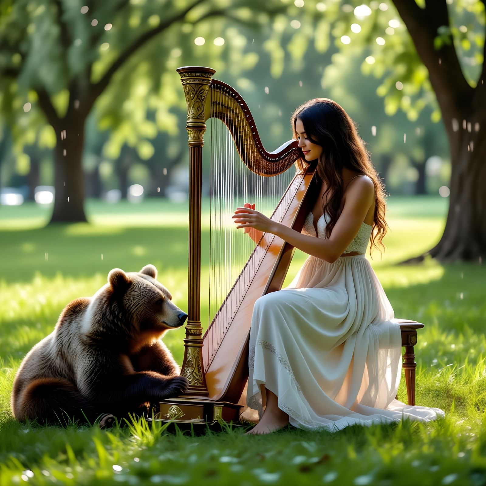 Woman and Bear in Rainy Park: Harp Serenade