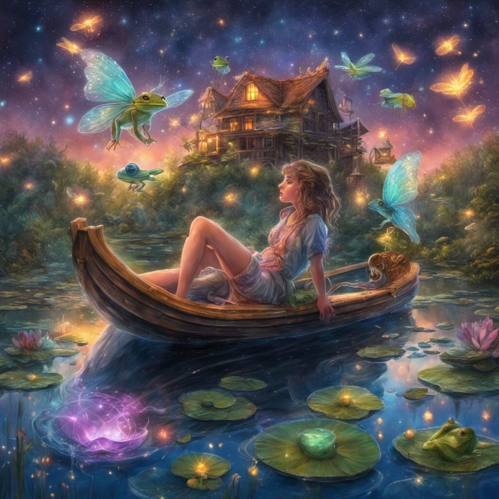Fairy on Boot Houseboat, Holographic Astral Illustration