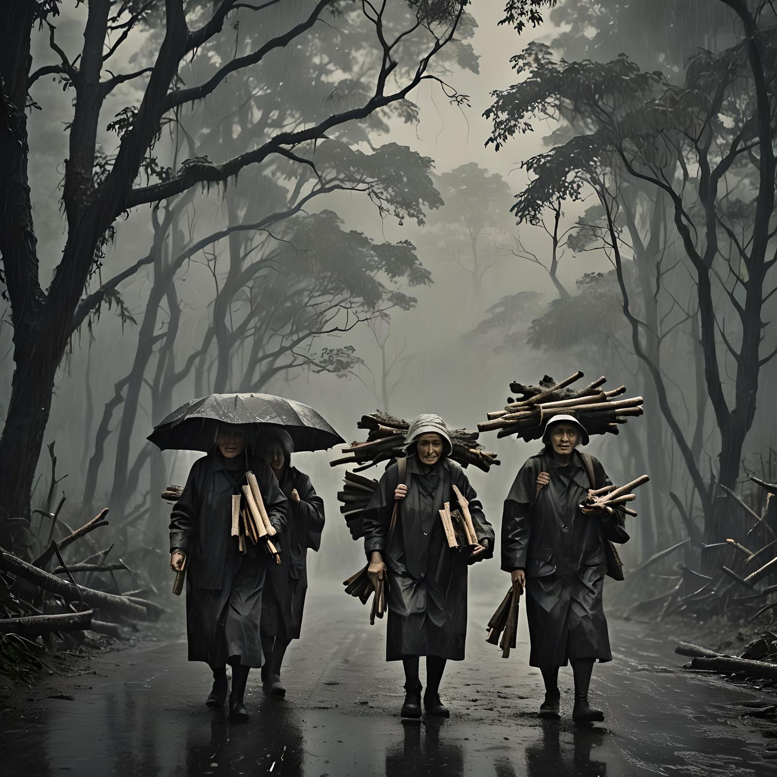 Elderly Women Carrying Firewood in Rain