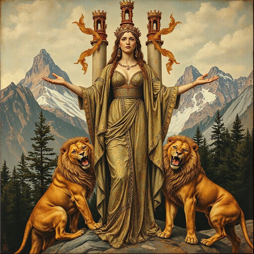 Cybele, Towered Crown, Lions, in Klimt Style