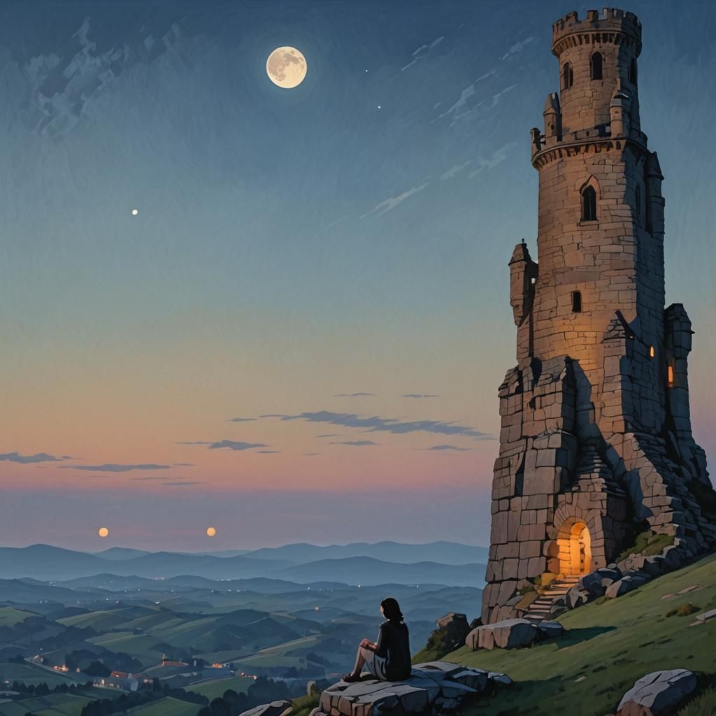 Girl and Stone Tower Under Moonlight Sky