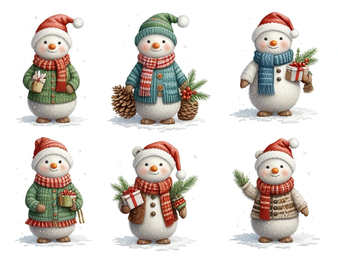 Cute Snowmen with Gifts in Snowy Meadow: Detailed Illustrati...