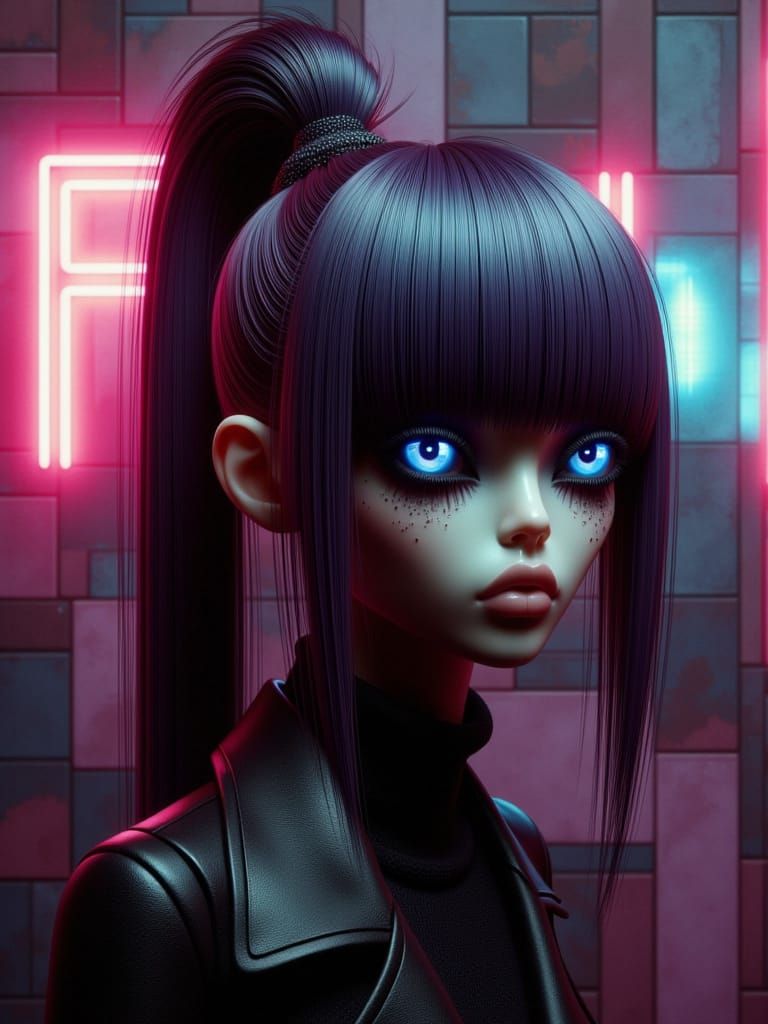 An alien got a vibrant blunt bangs haircut, sitting in a hair saloon with glowing eyes