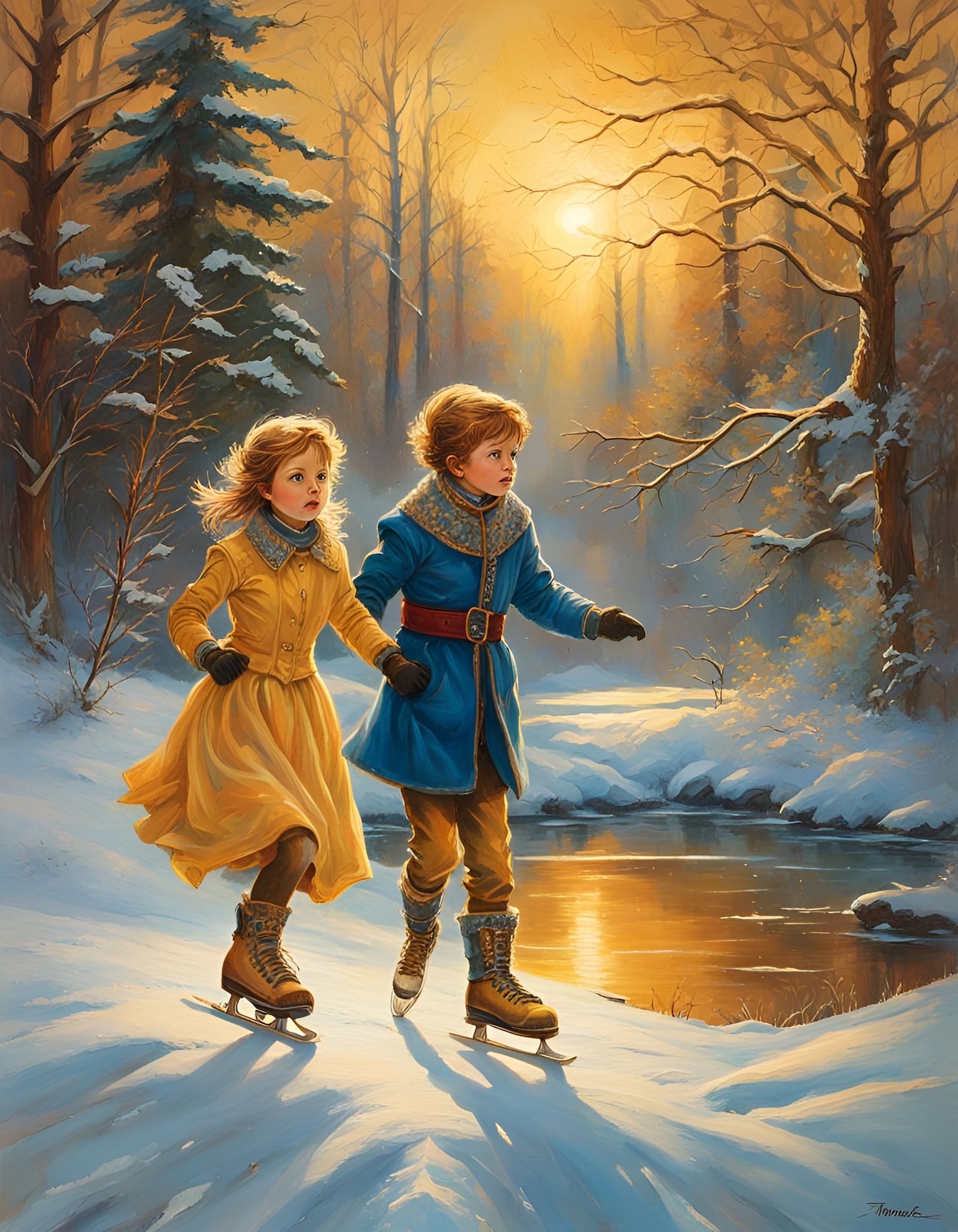 Children Skating on Frozen Pond in Golden Frame