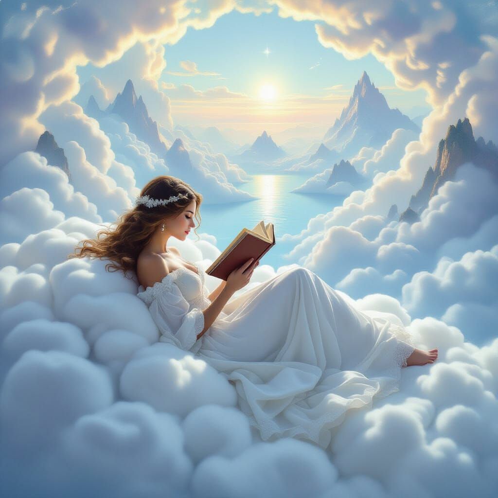 Ethereal Woman Reading on Cloud in Dreamy Landscape