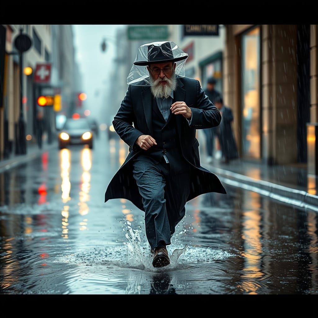 Haredi Man Runs Through Rainy City in Exquisite Detail