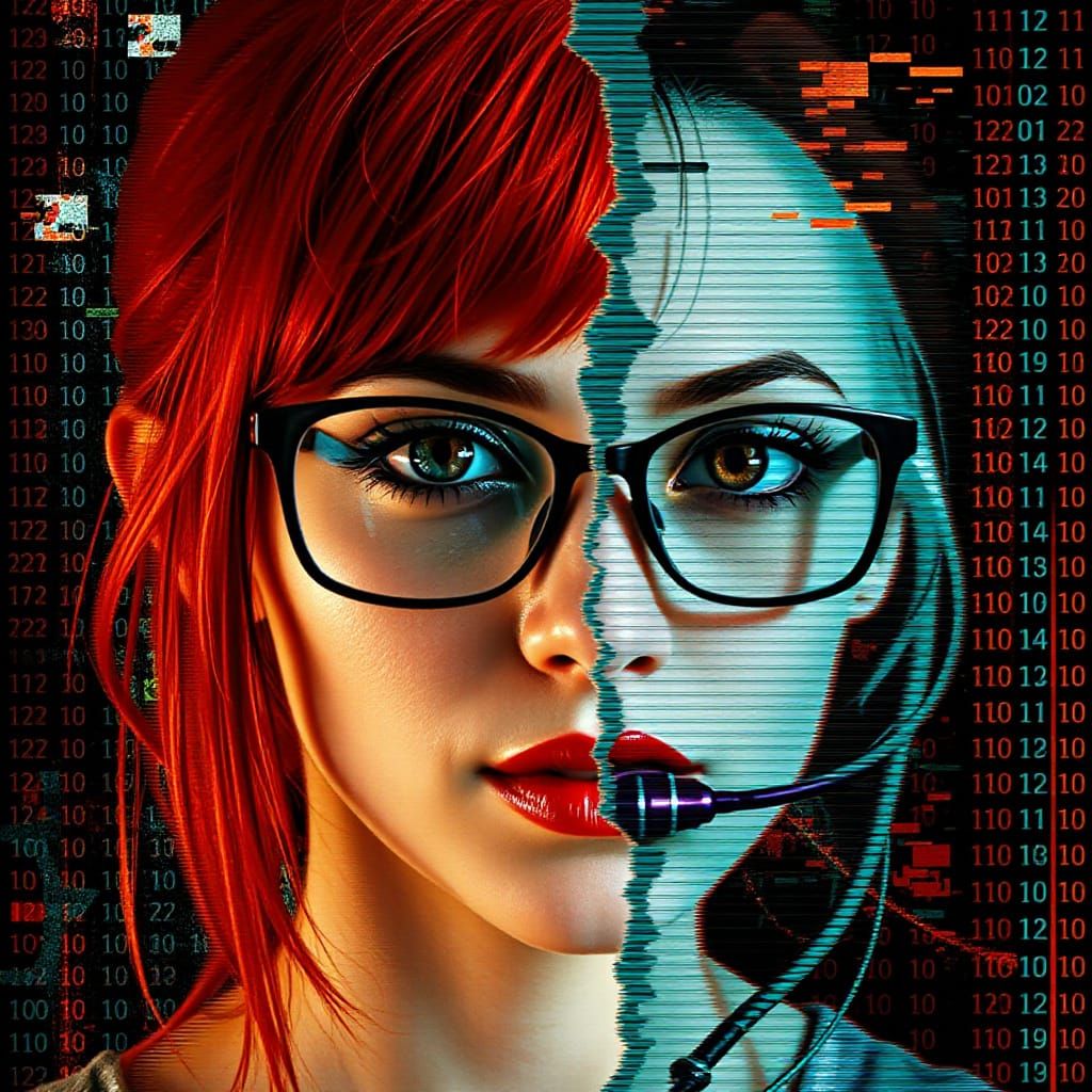 Glitch Art Portrait of Redhead with Binary Code