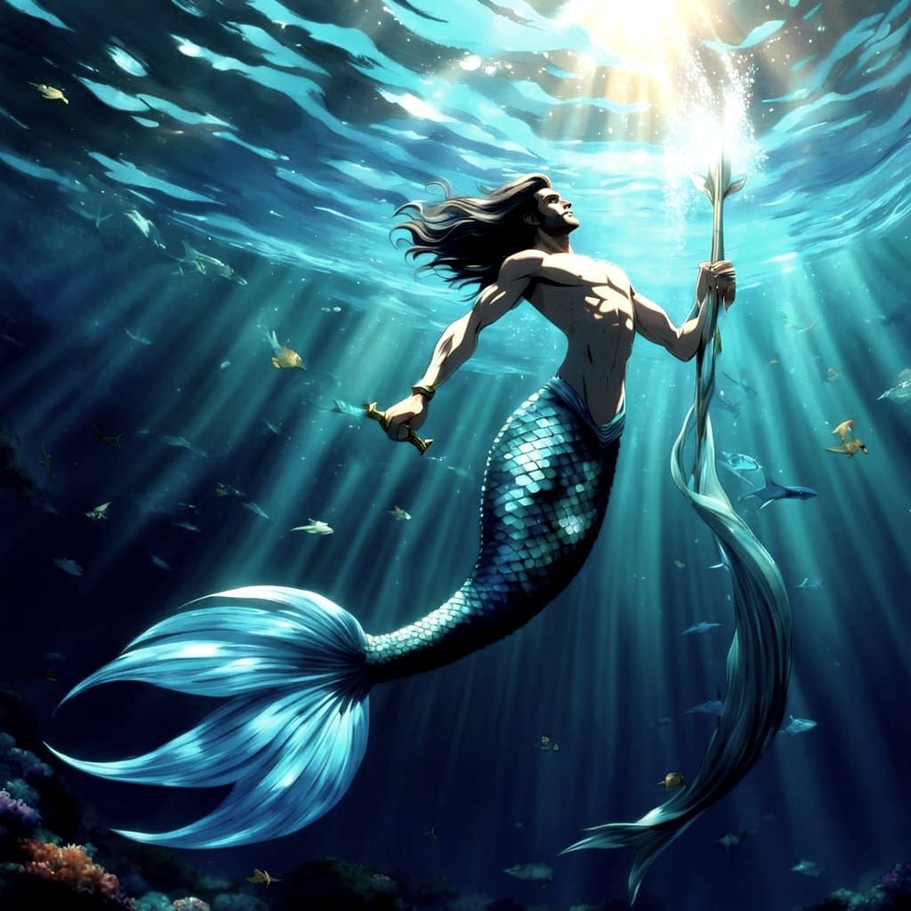 Anime Mermaid Man with Stunning Golden Eyes and Flawless Mer...