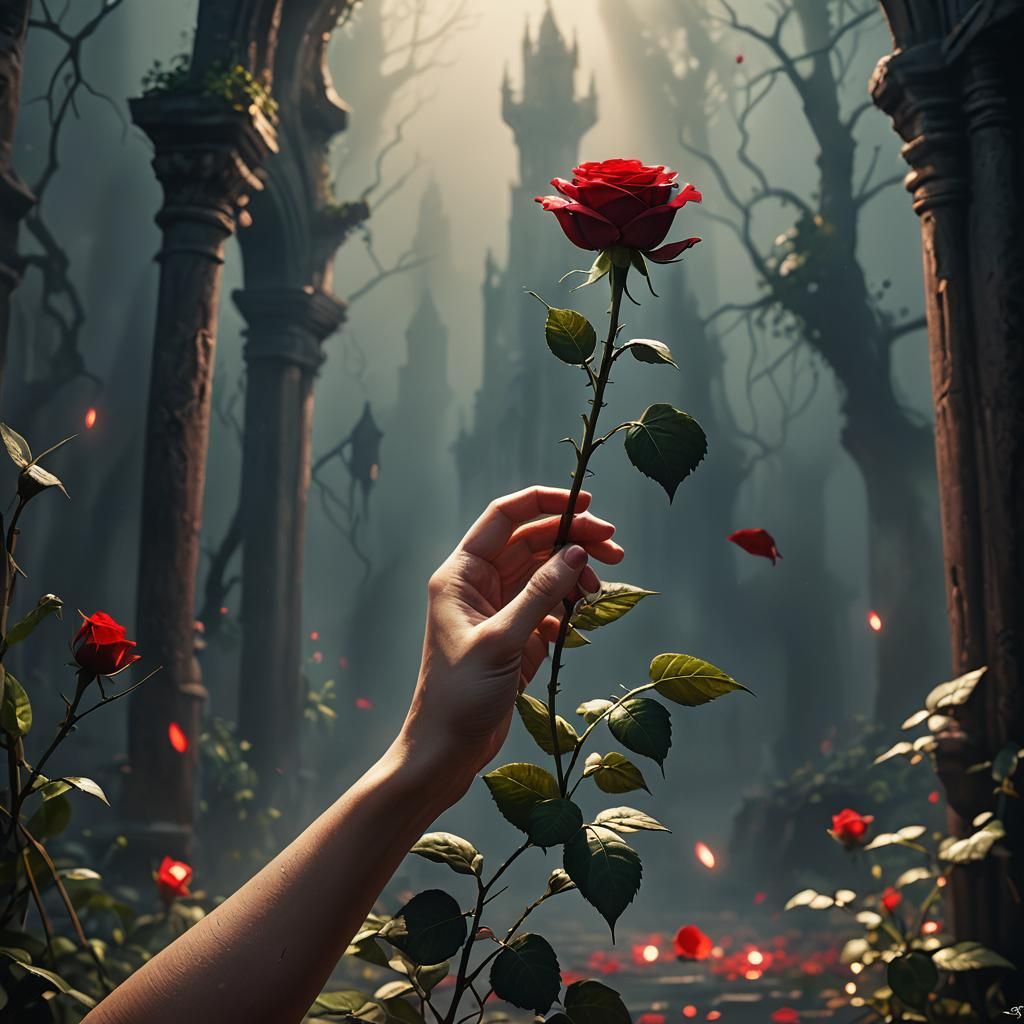 Dramatic Hand Reaching for Perfect Red Rose