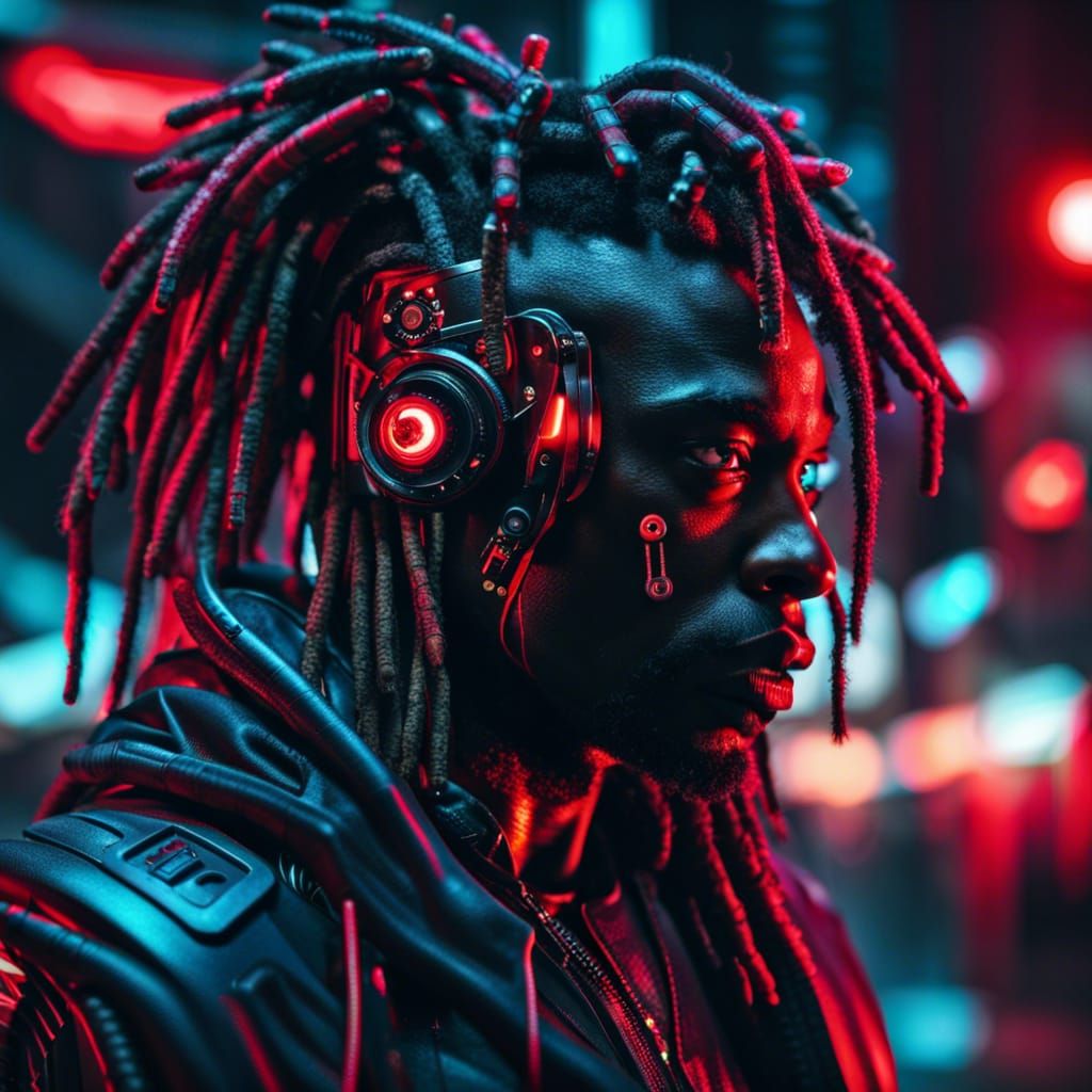 Cyberpunk Cyborg Portrait in Neon Cityscape