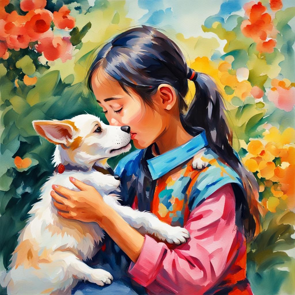 Chinese Girl's Puppy Kiss: Gouache-Style Impressionism