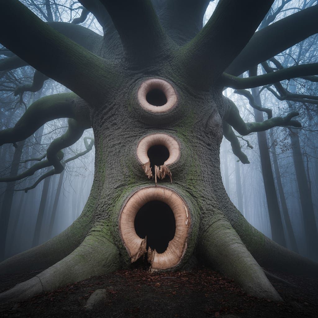 Ancient Gnarled Oak in Eerie Foggy Forest