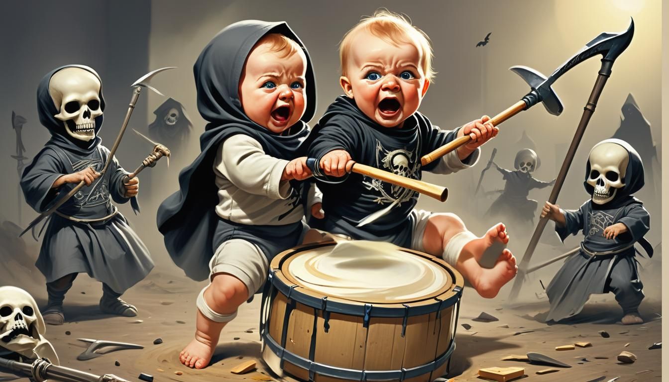 Toddler Pursues Terrified Grim Reapers with Toy Drum