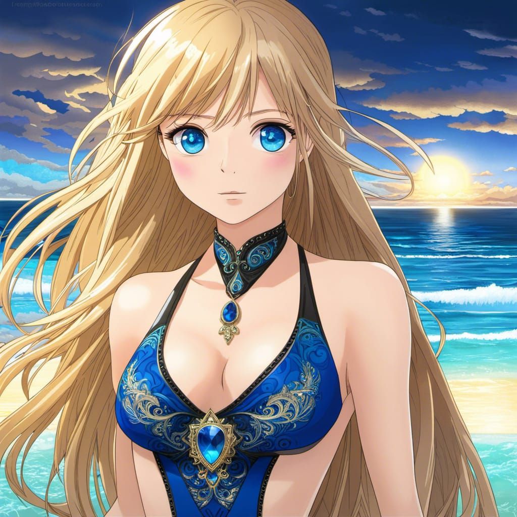Blonde Girl on Beach in Anime Style