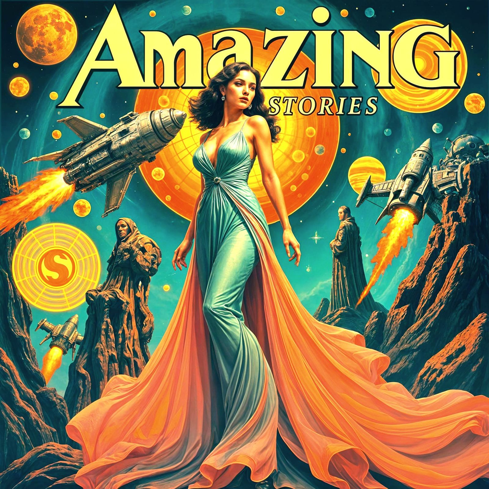 Surreal Woman in Gown: Pulp Magazine Cover Art
