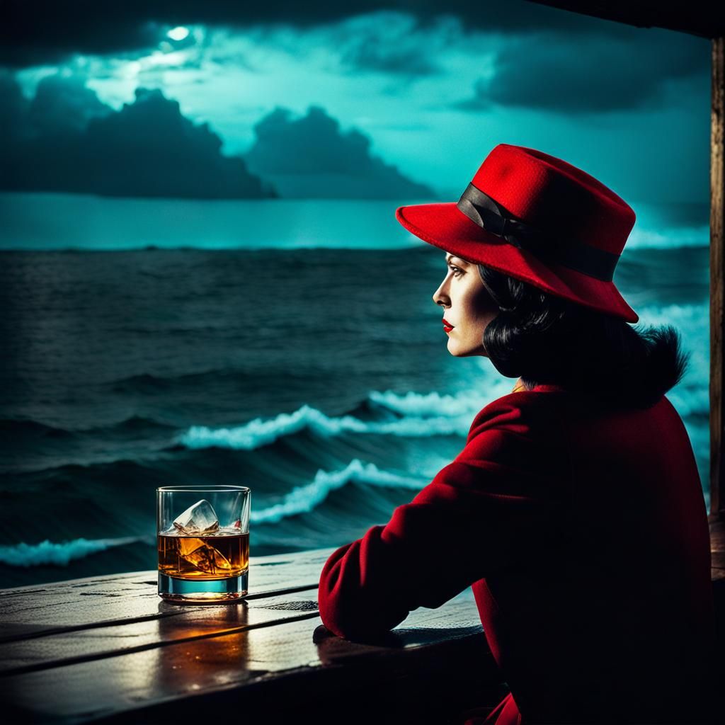 Film Noir Lady with Red Hat and Whiskey