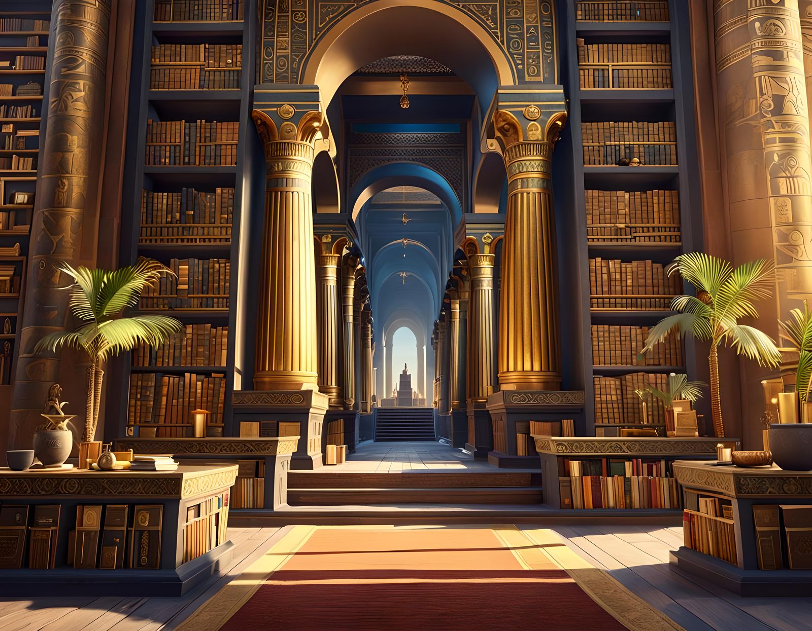 Ancient Egyptian Library with Golden Hour Lighting