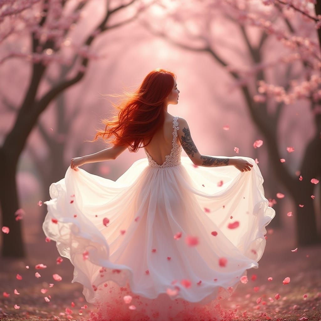 Japanese Woman Twirling in Cherry Blossom Forest