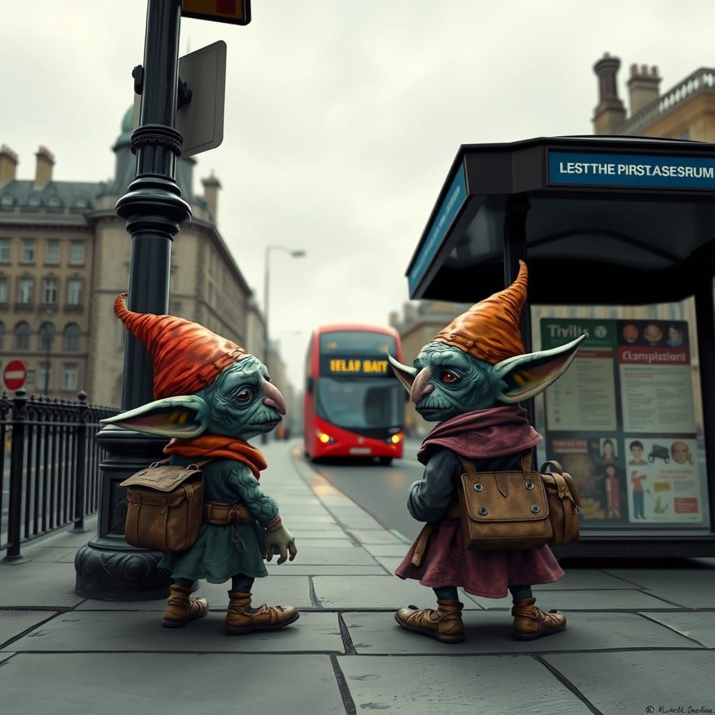 Goblins Wait for a London Bus: Whimsical Art
