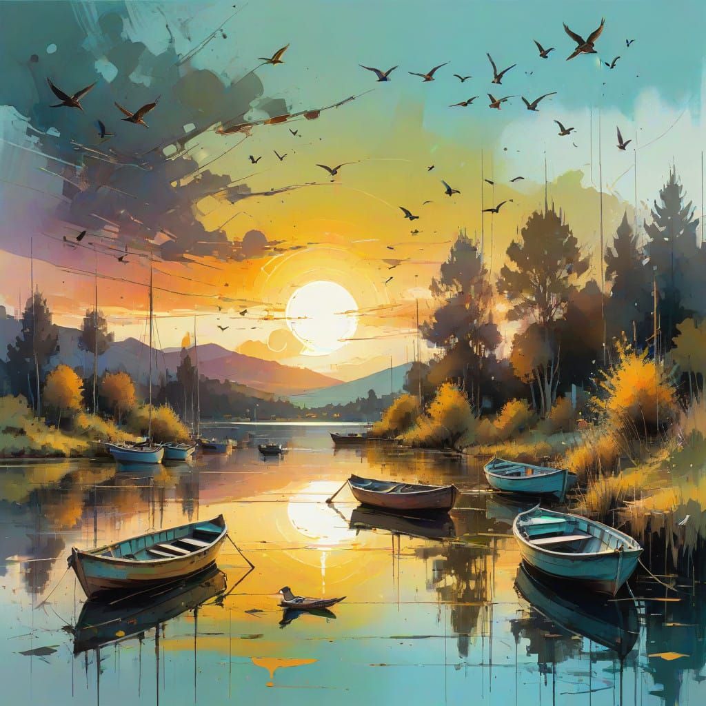 Surreal Summer Lake Scene in Impressionistic Style