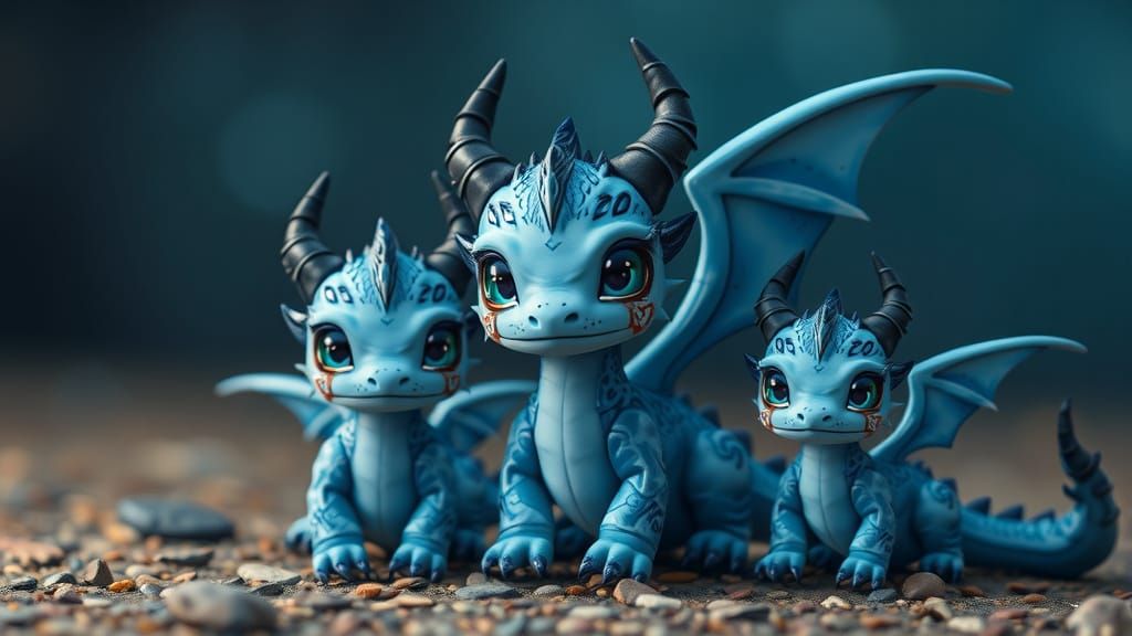 Gothic Blue Chibi Dragons: Adorable Family Scene in Dark Fan...